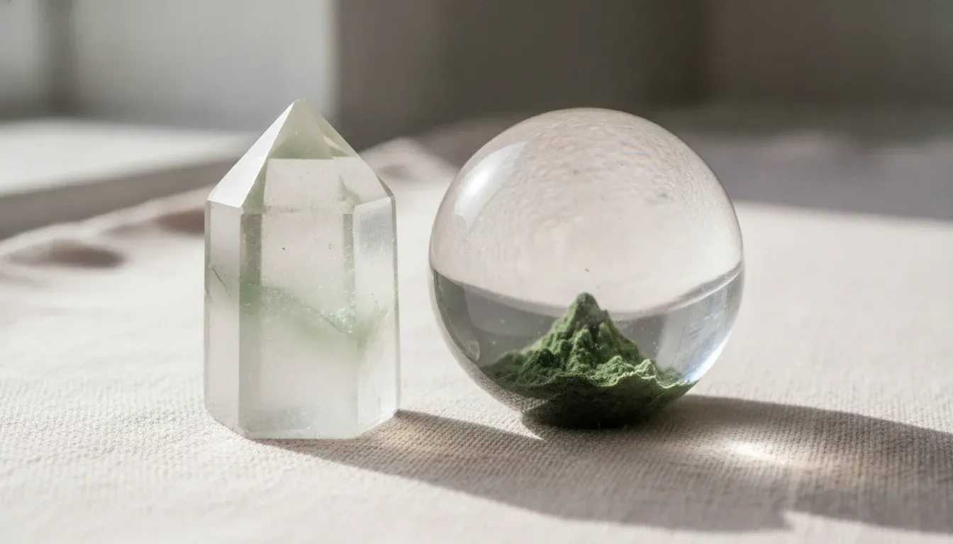 一根透明水晶柱內有淡綠色的幽靈層影，旁邊的透明水晶球底部有綠色山景般的綠泥石內含物