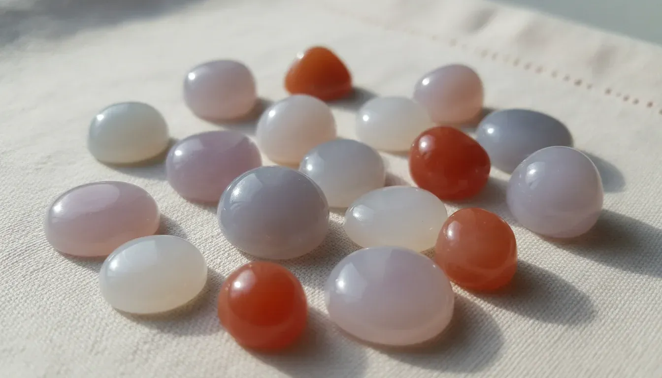一組薰衣草紫、灰藍、乳白與橘紅色的半透明玉髓蛋面與滾石